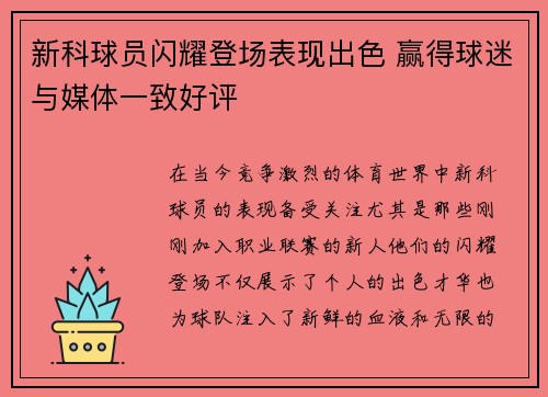 新科球员闪耀登场表现出色 赢得球迷与媒体一致好评